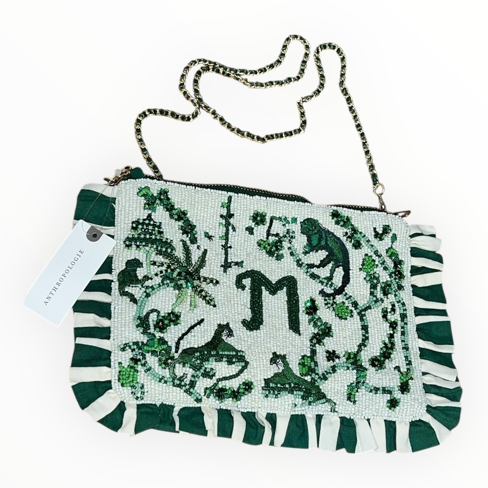 Anthropologie Beaded‎ Crossbody Bag Green Ivory Ruffle Chain Clutch NWT